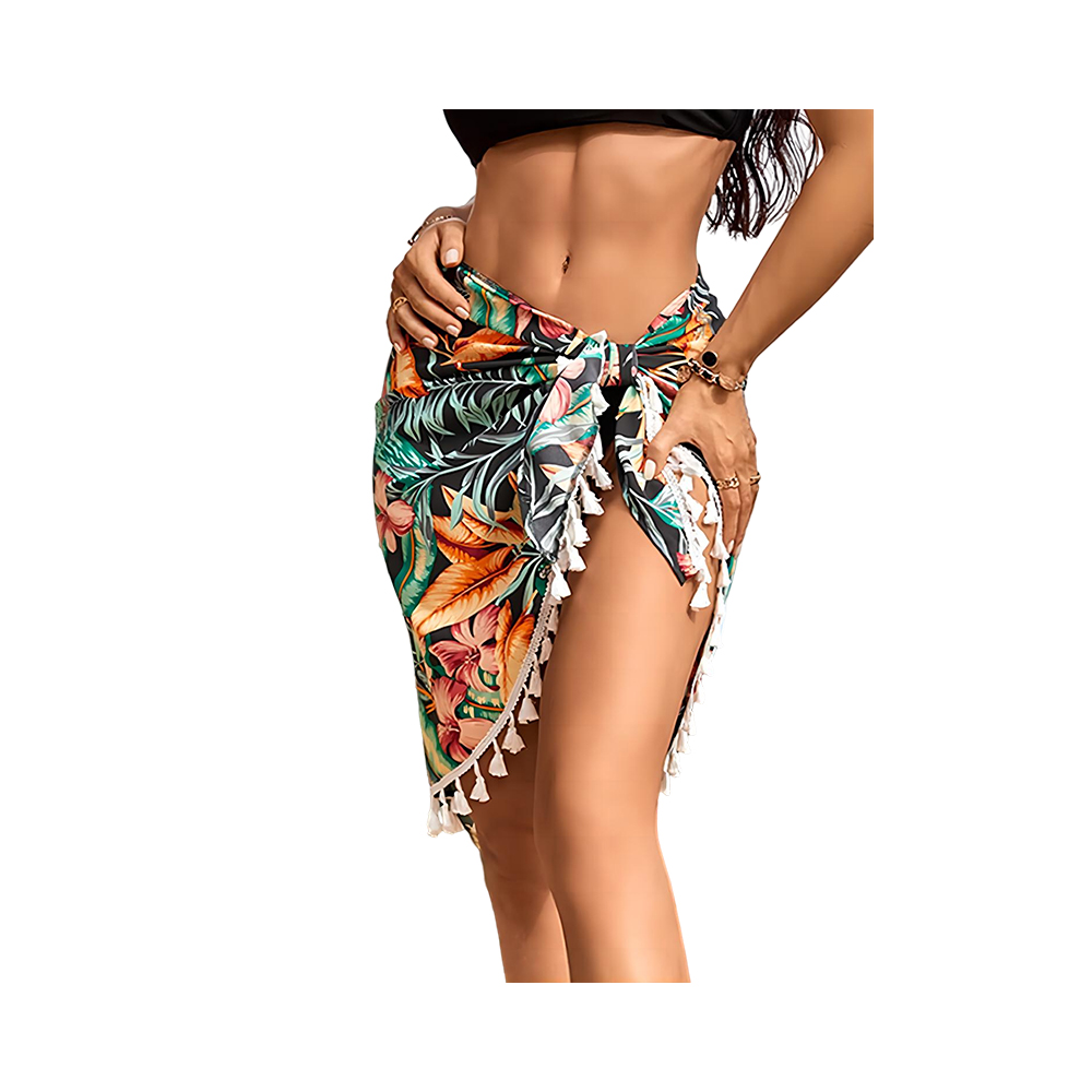Korte sarong-bikini-cover-up van chiffon in Hawaï-stijl met print en kwastje