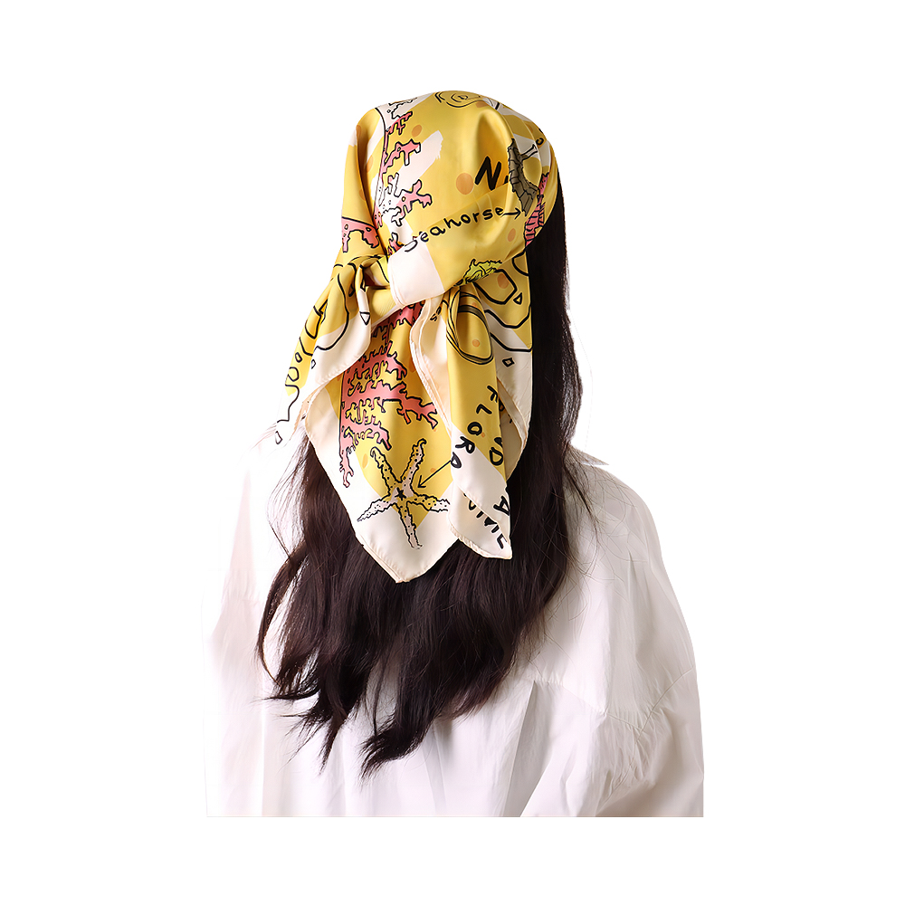 100% polyester satijnzijde gevoelssjaal gele bedrukte vierkante satijnen hoofddoek voor dames