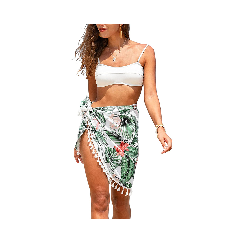 100% polyester sarongs-wikkelrok voor dames met tropische print en kwastjes aan de zijkant, strandbedekking