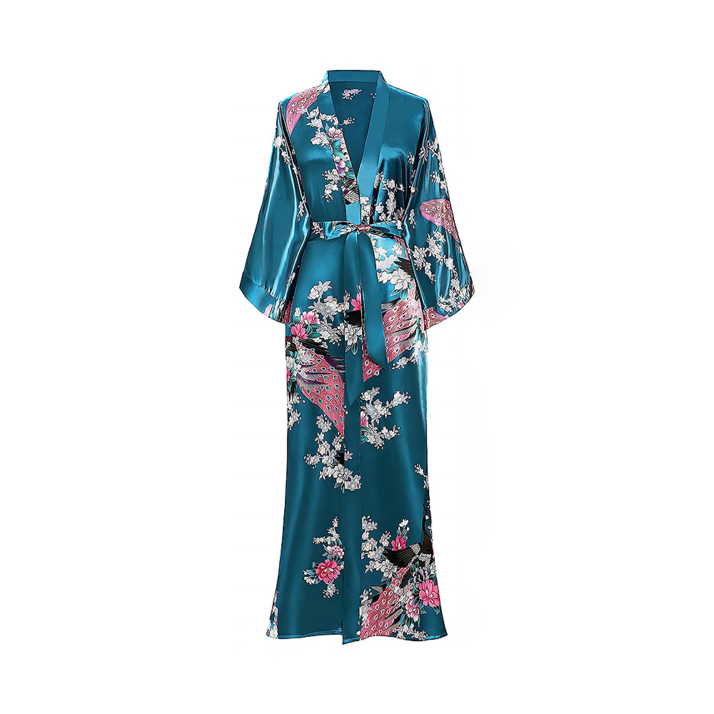 Dameskimono-jurk, lange gewaden met kimono-nachtjapon met pauwen- en bloesemprint