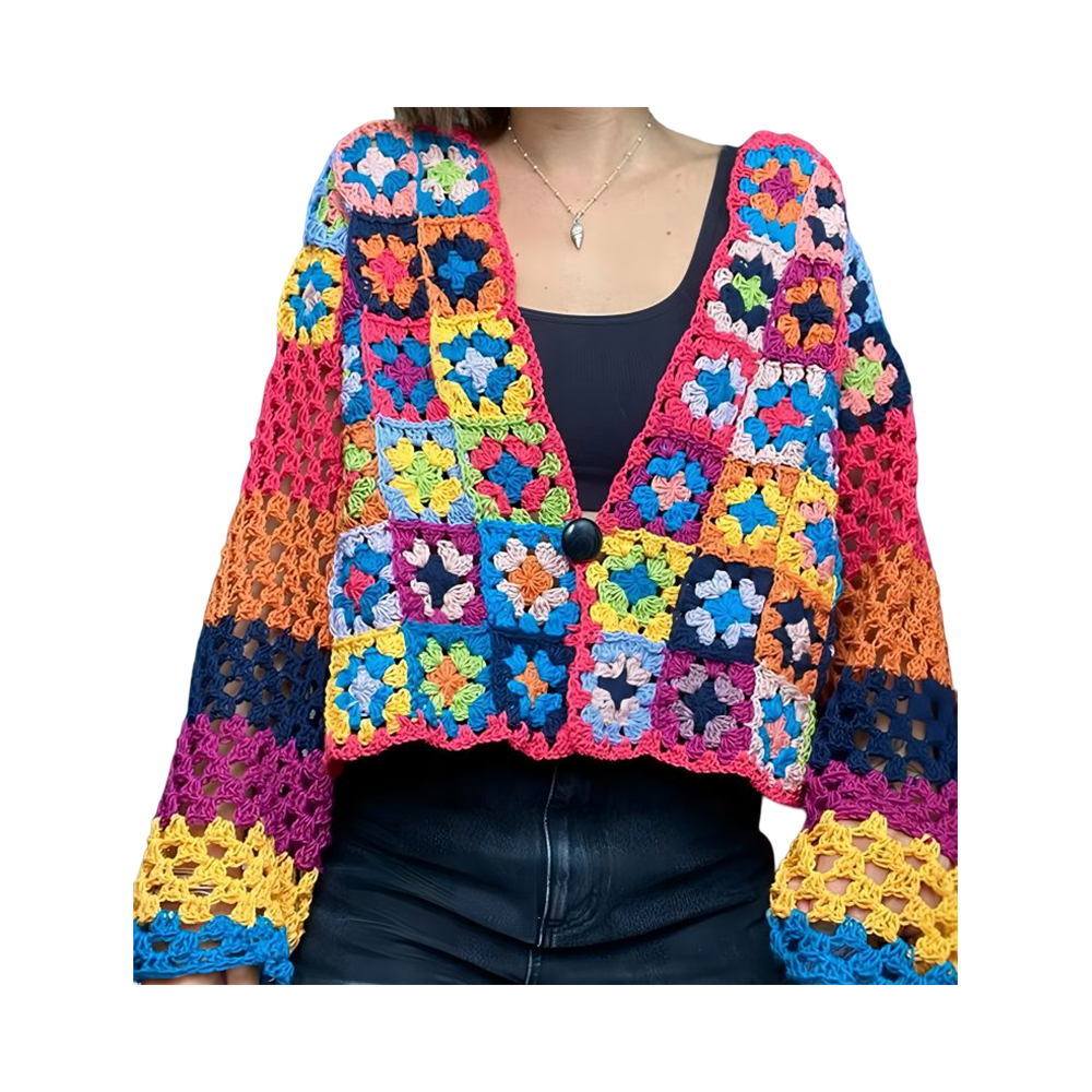 Oma vierkante vest jas kleurrijke patchwork jasje vest handgemaakte gehaakte trui